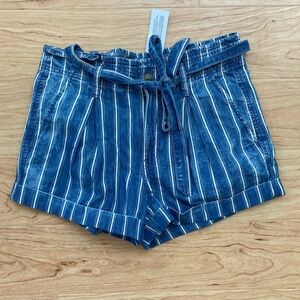 American Eagle Women's Blue Striped Paper Bag Waist Tie Denim Shorts Size 2 NWT